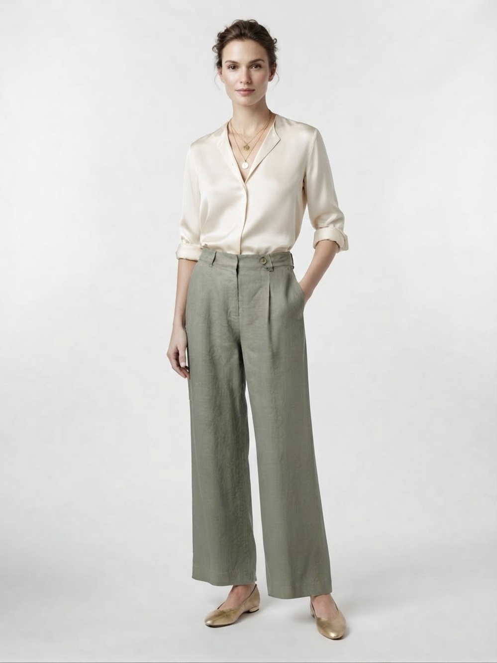 Wide-Leg Linen Blend Pants in Sage - Women's Pants Petite